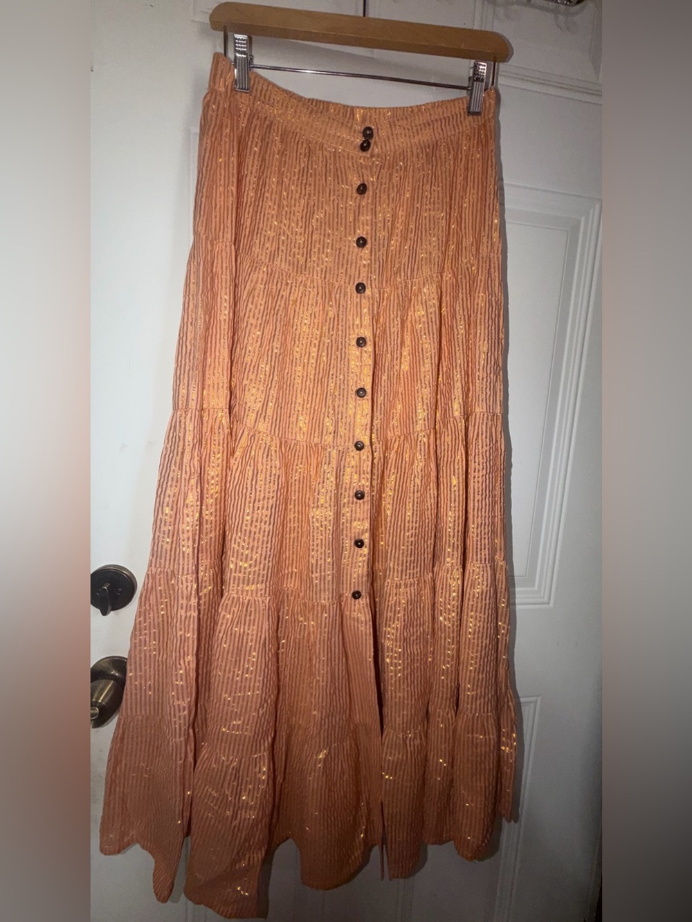 Free People Tiered Button-Front Metallic Rust Maxi Skirt